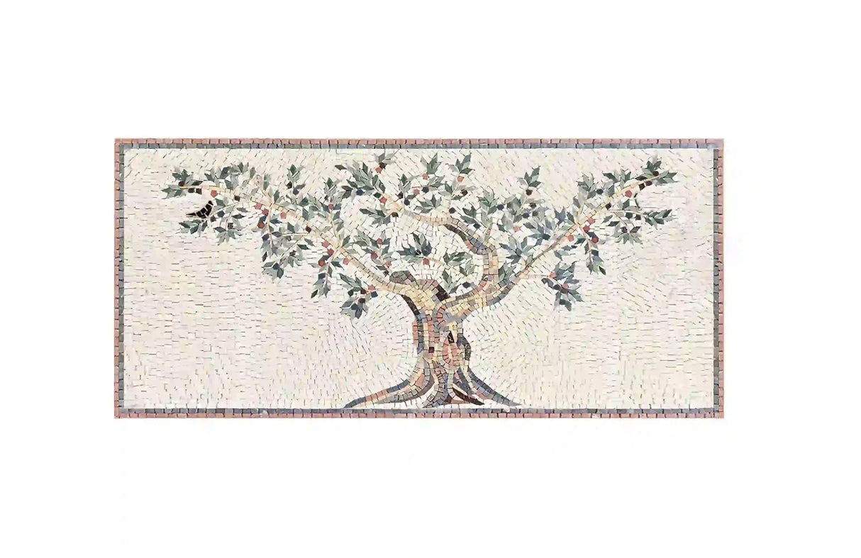 Personalize A Gorgeous Olive Tree Kitchen Backsplash Marble Mosaic Artwork Tile With a Bird on Branches, Handcrafted Mediterranean Style Mosaics