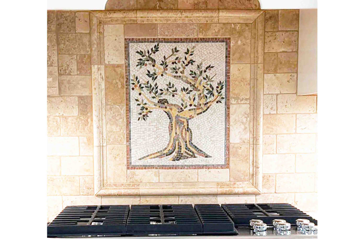Mediterranean Style Olive Tree Vertical Kitchen Backsplash Marble Mosaic Artwork Tile with All Natural Stone Colors, Handcrafted Roman Art Style Mosaics. You can customize one for your Kitchen