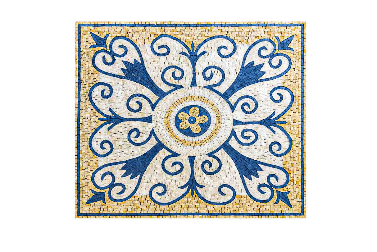 Rectangular Navy Blue and Golden color Scrolls Design Marble Mosaic Kitchen Backsplash Art Tile Customization available for size and colors