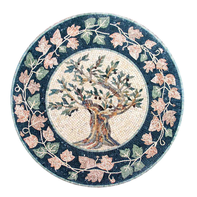 Olive Tree surrounded with grape leaves kitchen backsplash marble mosaic medallion tiles