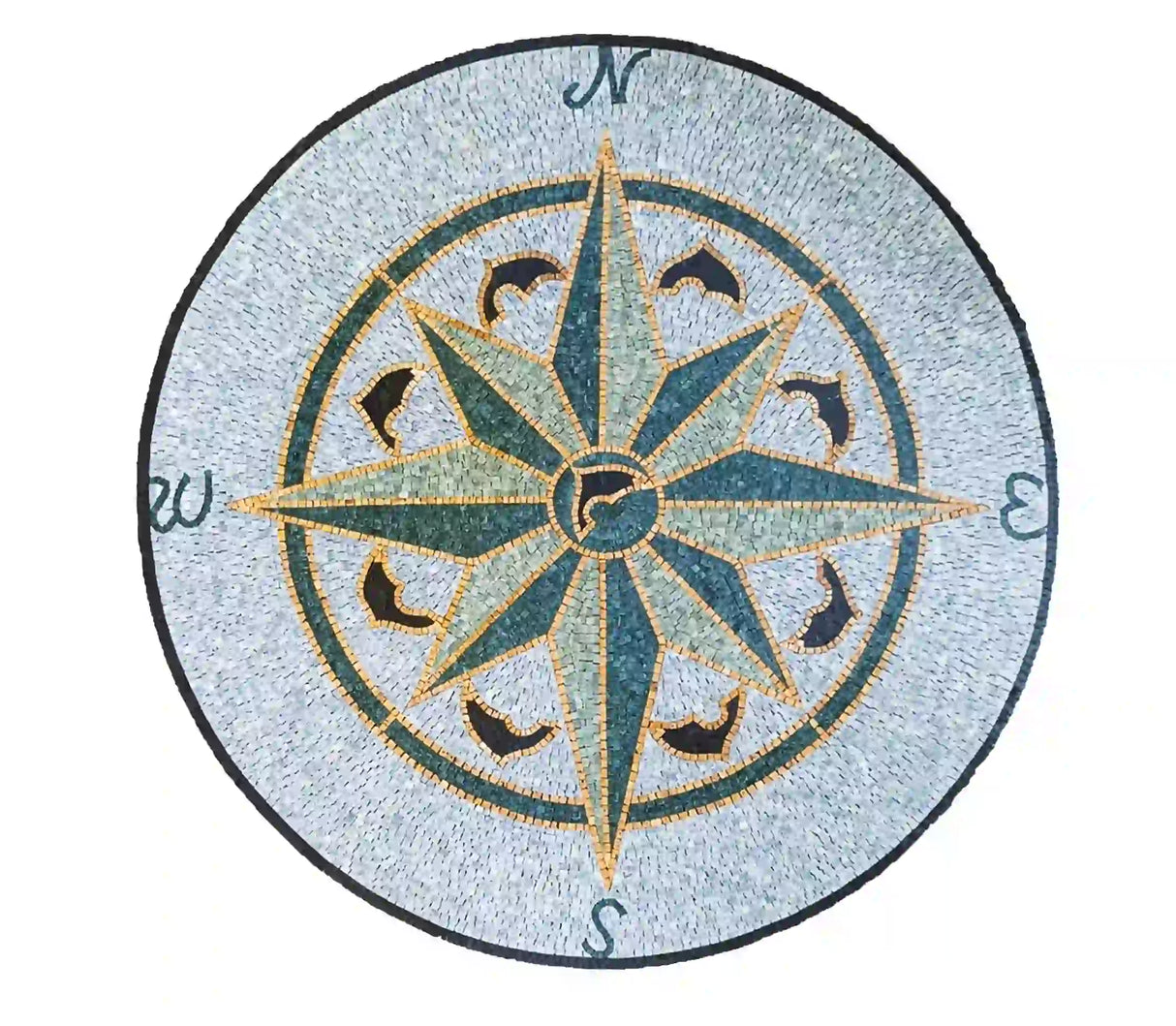 Personalize Your Marble Mosaic Nautical Compass Medallion Artwork Tiles, Dolphin Mosaic Medallion Tiles. Customization available for size and colors