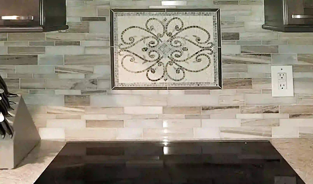 Customize Marble Mosaic Scrolls Kitchen Wall Backsplash Tiles. Customization available for size and colors, Indoor/Outdoor Ok., Indoor/Outdoor Ok.