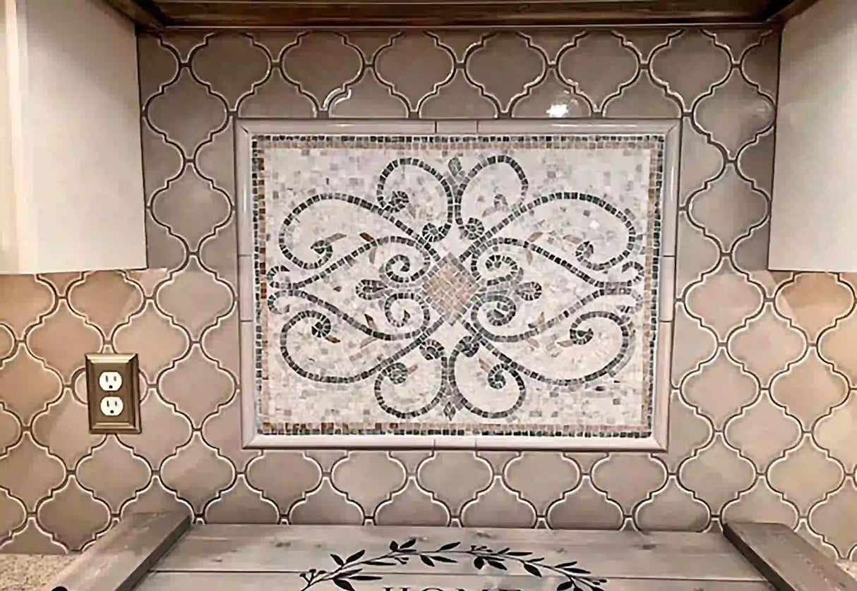 Personalize Marble Mosaic Scrolls Kitchen Wall Backsplash Tiles. Customization available for size and colors, Indoor/Outdoor Ok.