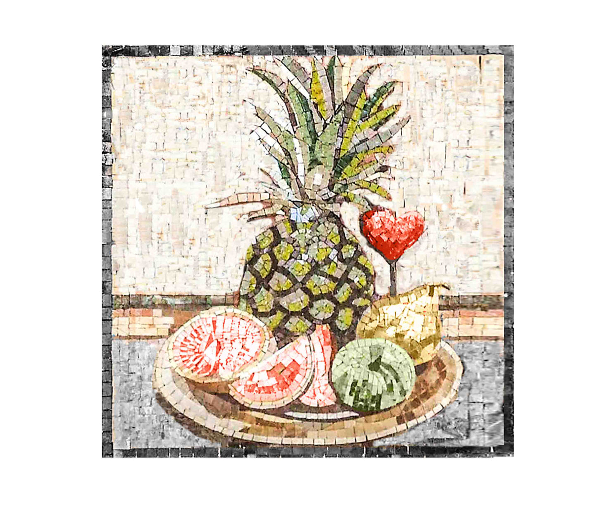 Pineapple and fruit plate with Marble Mosaic kitchen backsplash Artwork Tiles, Customizable for colors and sizes.