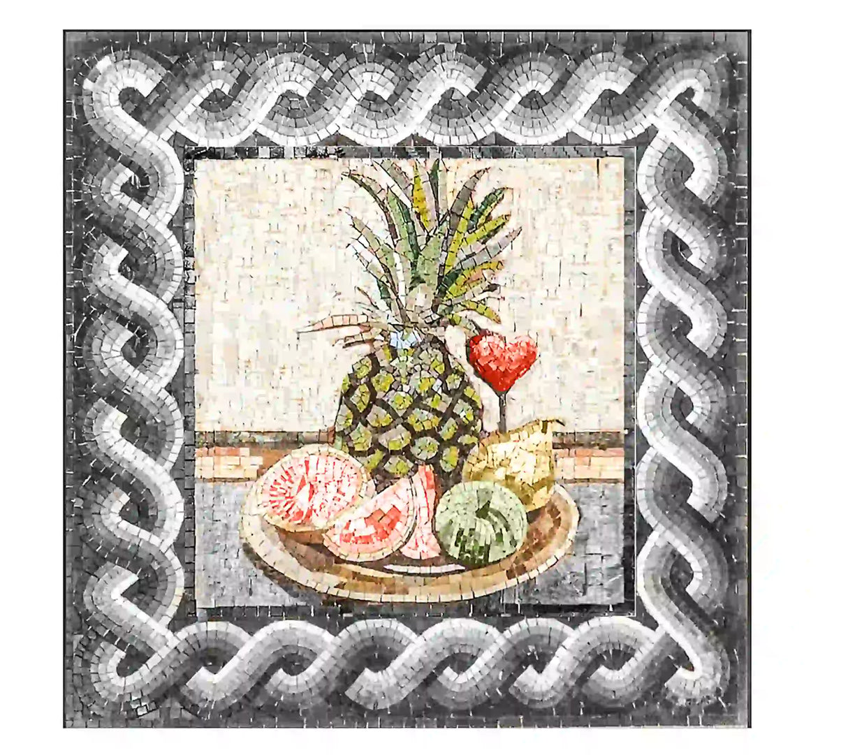 Roman Border with Pineapple and fruit plate with Marble Mosaic kitchen backsplash Artwork Tiles, Customizable for colors and sizes.