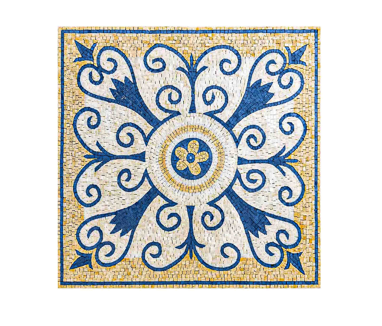 Square Navy Blue and Golden color Scrolls Design Marble Mosaic Kitchen Backsplash Art Tile Customization available for size and colors, Indoor/Outdoor Ok.
